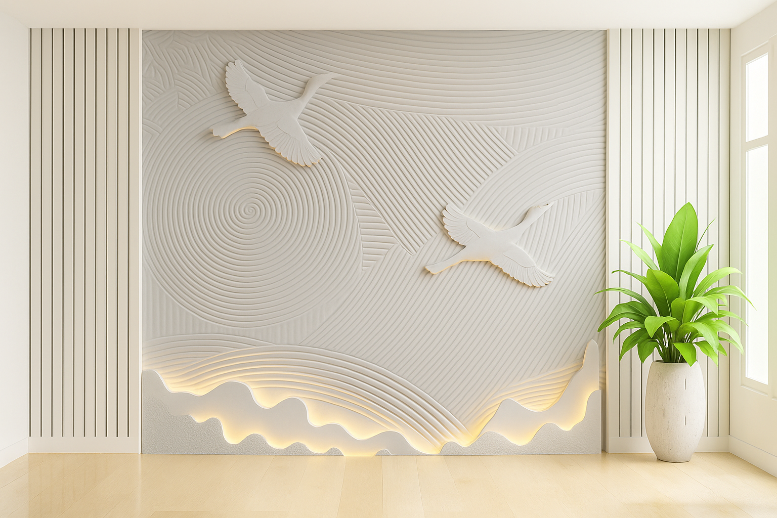 Stone Wall Carvings Featuring Birds, Waves, Mountains